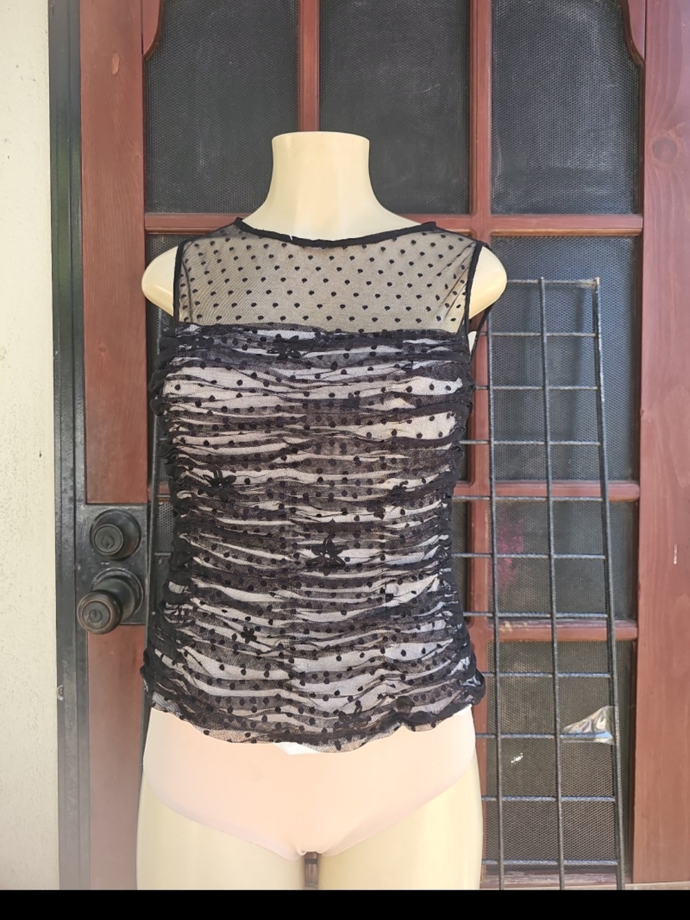 Chetta B Black Sheer Polka Dot Ruched Sleeveless Tank